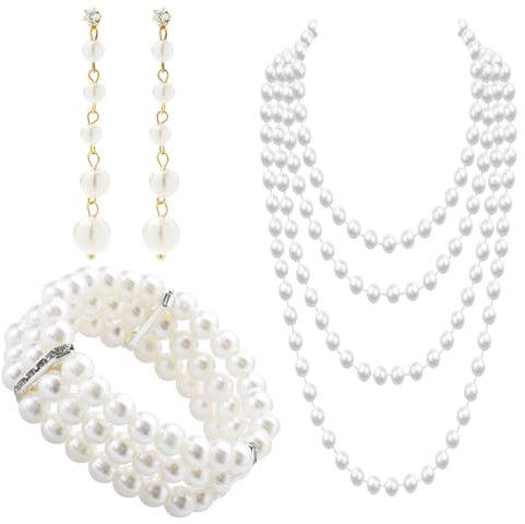 Sarini Set di 3 Perline con Orecchini Lunghi di Perline di Plastica 3 File di Bracciale con Perline Elasticizzate Set di Collana di Perle degli Anni '20 per Feste, Balli, Matrimoni, Festival