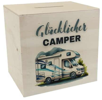 Wohnmobil Spardose aus Holz mit Spruch Glücklicher Camper Wohnwagen Anhänger Mobiles Heim für Camping Ideale Unterkunft Unterwegs