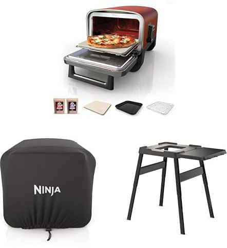 Bundle of Ninja Woodfire Electric Outdoor Oven, 8-in-1 Pizza Oven, High-Heat Roaster & BBQ Smoker with Rack, Pizza Stone, Wood Pellets & Scoop, 6 Pizza Settings, OO101UK + Cover + Stand