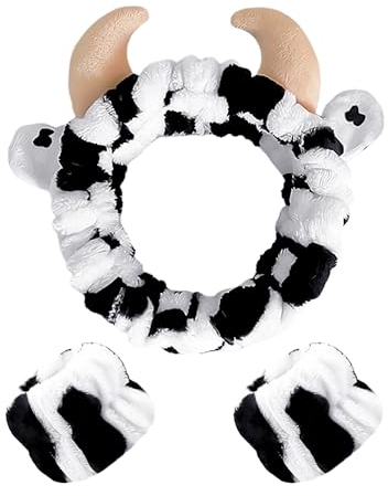 1 Stück Kuh-Stirnband mit 2 Stück Kuh-Armband - Süßes Gesichtswasch-Stirnband für Make-up-Entferner und Spa