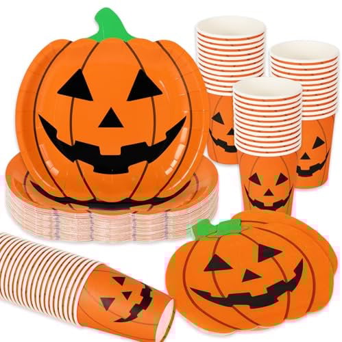 JarThenaAMCS Halloween Party Supplies Serves 24 Orange Jack-O-Lantern Disposable Paper Tableware, 24 Pumpkin Shape Plates 24 9oz Cups 48 Luncheon Napkins
