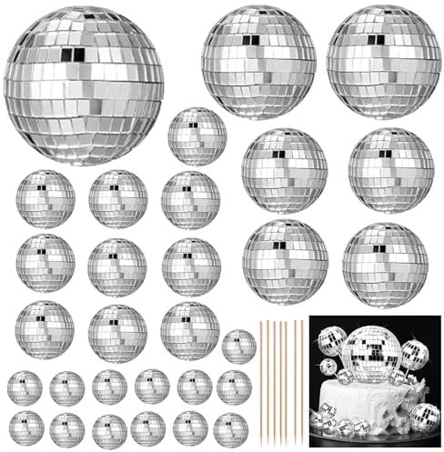 30pcs Silver Mini Disco Balls, 5 Sizes, Cake Toppers with Bamboo Sticks for Cake Dessert Theme Party Decorations