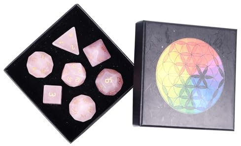 Nupuyai Rosenquarz Stein Polyedrische Würfel Edelsteine Set, 7 Stück Heilsteine Set Tischspiele für Dungeon and Dragons Würfel DND RPG MTG Würfelspiel Geschenk