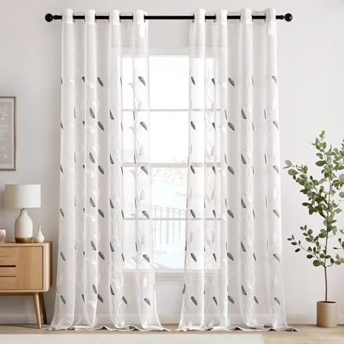 EMEMA Voile Vorhang Wohnzimmer mit Ösen Transparente Blätter Muster Schöne Stickerei Gardinen Fenster Vorhang 2er Set Modern Schlafzimmer Vorhänge Jeder H 245 X B 140 cm Blätter Grau