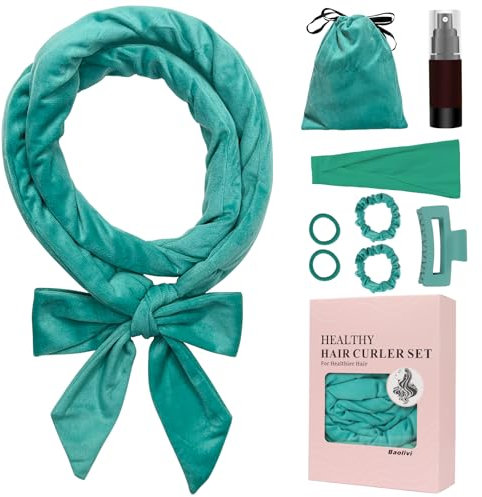 Baolivi Lockenwickler Über Nacht, Locken ohne Hitze für Lange Haare, Heatless Overnight Curls Band, 180 cm Samt Rutschfest Hair Curler Rollers Sleep Tie Mit Stirnband Locken Über Nacht (Blue-Green)