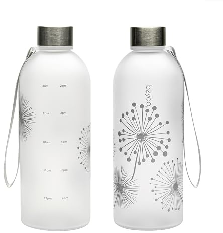 bzyoo Bouteille d'eau transparente de 1 litre avec marqueur de temps, motif pissenlit, plastique durable, sans BPA, réutilisable avec marquages de mesure pour le fitness et les activités de plein air