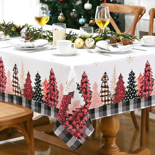 Alishomtll Tovaglia natalizia, dorata, fiocco di neve, albero di Natale, tovaglia rettangolare, impermeabile, lavabile, a quadri, per feste invernali, decorazione da tavolo, bianco, rosa, 130 x 220 cm