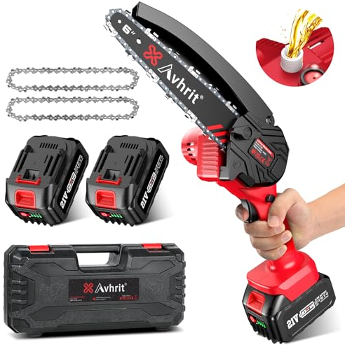 Mini Tronçonneuse à Batterie, Tronçonneuse Électrique Avhrit 8000 mAh 6 Pouces avec Pompe à Huile, 2 Batteries, Tronçonneuse à Une Main pour Jardin, Ferme et Parc