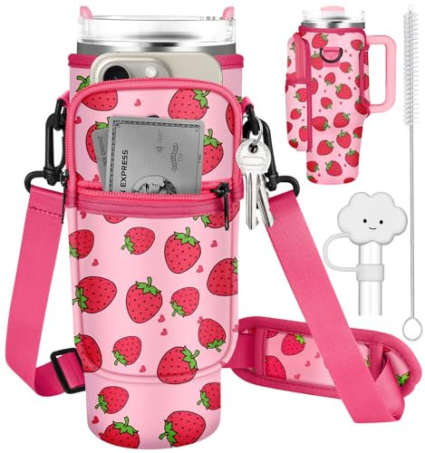 Water Bottle Holder Carrier Bag for Stanley Cup 40 oz Water Bottle Sling Pouch with Adjustable Shoulder Strap Phone Pocket Clouds Straw Cover Cleaner Brush for Walking Travel Hiking Gym(Strawberry)