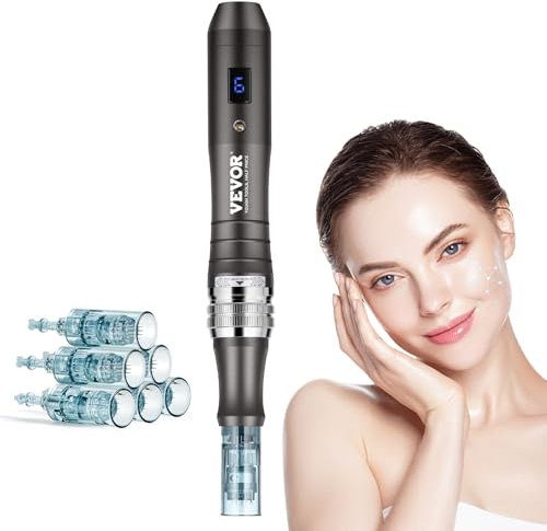 VEVOR Penna per Microaghi Professionale, Penna Derma Elettrica con 3 Pezzi * 16 Pin Cartuccia Monouso, per la Cura della Pelle a 6 Velocità Variabili con Display LCD Lunghezza Regolabile 0-2,5 mm