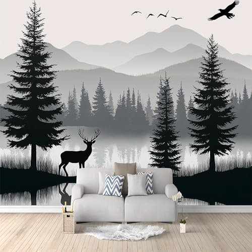 Wall Mural Photo Wallpaper Silhouette Forest Lake Deer Pine Tree Bird 250 x 175 cm Poster Mural HD 3D Print Non-Woven Photo Wallpaper, Modern Living Room Bedroom TV Backdrop Wall Decoration