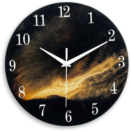 Constantplanet 12 Inch Glass Black Wall Clock Battery Operated | Small Modern Decorative Wall Clock for Living Room Bedroom Office Dinning Room Kitchen Decor Silent Non-Ticking