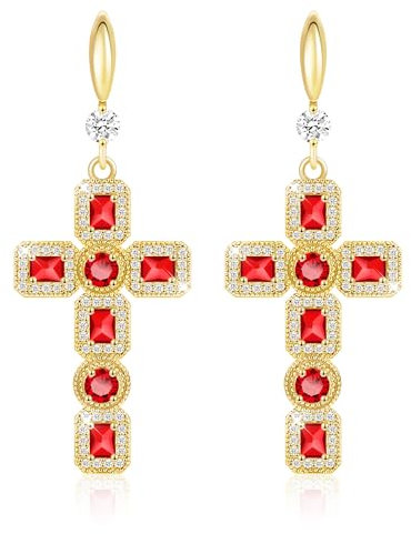 Linawe Kreuz Ohrringe Rot, Damenohrringe Ohrringe Gold Hängend, Goldene Ohrringe Schmuck, Kristall Strasssteine Ohringe Modeschmuck, Tropfen Ohrringe Vergoldet Hängende Ohrringe