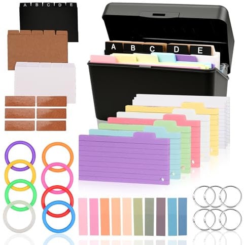 Karteikarten, Karteikarten Box A7A8, Mini KarteikartenBox, 436 Stück Karteikasten mit 200 Bunten Verdickten Liniert Karteikarten, 15 Register, 14 Ringen 6 Aufklebern, 200 Karteikarten für Schulsachen
