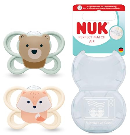 NUK Perfect Match Air Baby Schnuller | 0-2 Monate | Orthodontische Schnuller Neugeborene, die Luftzirkulation fördern & Speichel-Ausschlag verhindern | 95% Baby-Akzeptanz** | Bär/Fuchs | 2 Stück