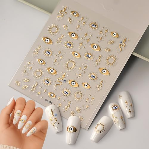 Gothic Style 5D Embossed Angel Eyes & Stars Nail Art Decals - Mystical Gold-Toned Self-Adhesive Stickers for DIY Manicure Enhancements and Halloween Festival Party Decorations