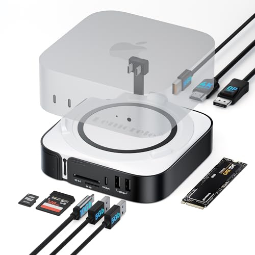 Lemorele Dock Mac mini M4, HDMI + DisplayPort 4K@60Hz, SSD NVMe 10Gbps | 4 USB 3.2/3.0, slot M.2 NVMe fino a 10Gbps e SD/TF; per Mac mini M4/M4 Pro con doppio monitor e storage esterno