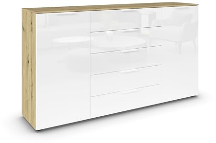 Rauch Möbel Flipp, Kommode, Farbe Glas Weiß/Eiche Artisan, Breite 180 cm | Sideboard, 2-türig, 5 Schubladen, Glasfront, Soft-Close-Funktion, für Schlafzimmer, Gästezimmer, Wohnzimmer, Garderobe, Flur