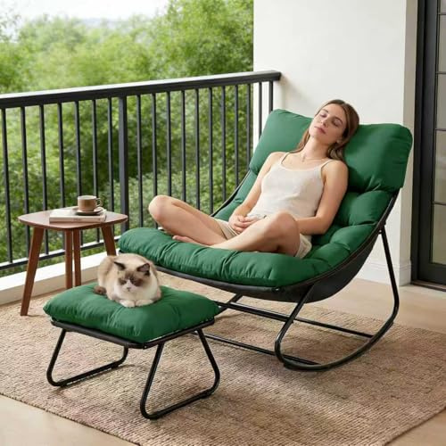 Schaukelstuhl mit Hocker Innen, Loungesessel Outdoor, XXL Schaukelsessel Relaxstuhl, Schaukelstuhl Wohnzimmer, Relaxstuhl mit Gepolstertem Kissen bis 150kg Belastbar, Schaukelliege für Balkon(Grün-yi)