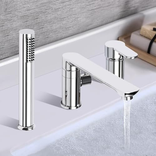 Mermajestic Wannenrandarmatur 3-Loch Badewannen Armaturen Set mit Keramik Ventil und Ausziehbarem Handbrause Badewannenarmatur 3-in-1 Mischbatterie für Badewanne und Dusche