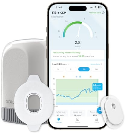 SIBIO KS3 Continuous Ketone Monitor - 14-Day Wearable Sensor for Keto | Real-time CKM sensor for low-carb & ketogenic diet tracking. Bluetooth syncs with iOS & Android apps