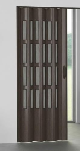 Porta a Soffietto Scorrevole in PVC, Colore Wengé con Finestra Fumé, Maniglia con Chiusura a Calamita, Altezza 214 cm x Larghezza 95 cm, Adattabile e Apertura Reversibile