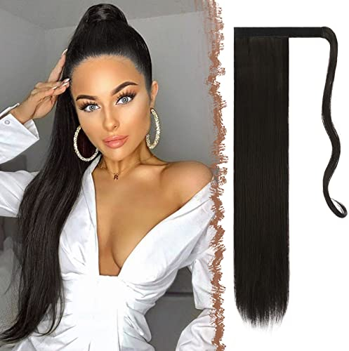 FESHFEN Lang Glattes Pferdeschwanz Haarteil Synthetik Haarverlängerung Zopf Haar Extension für Damen Mädchen, Dunkelstes Braun 60 cm