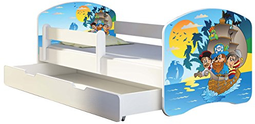 Kinderbett Jugendbett mit einer Schublade und Matratze Weiß ACMA II 140 160 180 40 Design (180x80 cm + Bettkasten, 21 Piraten)