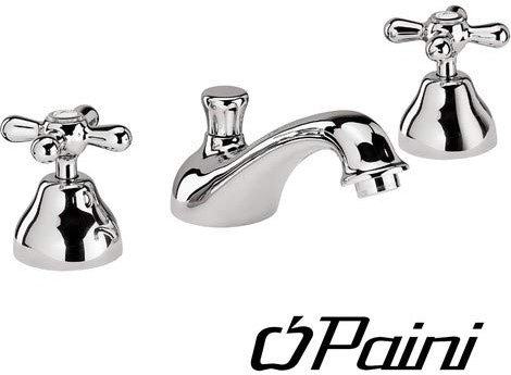 Rubinetto 3 fori batteria lavabo bagno con manopole a stella bocca bassa stile classico e retrò. Miscelatore bagno completo di piletta con scarico automatico Lavandino tre fori
