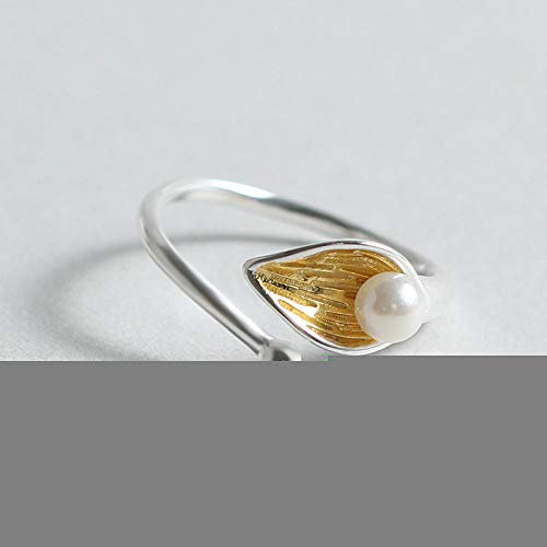 Damen 925 Sterling Silber Verstellbar Ringe,Sample Perle Blume Verstellbarer Ring Gold Blütenblatt White Pearl Ring Für Frauen Hochzeit Luxus Schmuck Einzigartige Form Persönlichkeit Design Geb