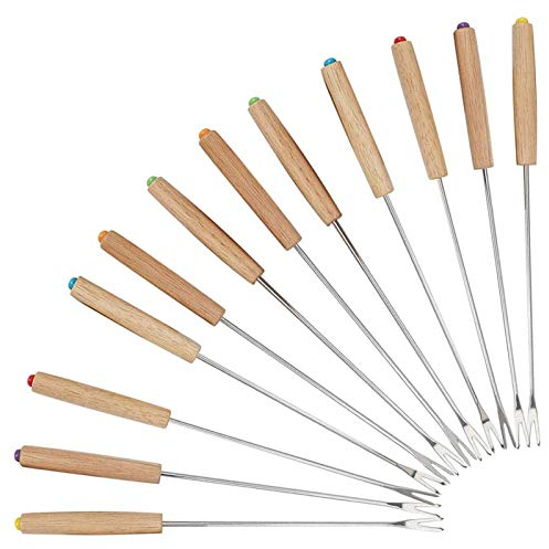 Edelstahl Grillgabel Fondue Gabel - 12 Stück Set Fonduegabeln mit Griff aus Holz, Fonduebesteck aus Edelstahl, Fonduespieße 24 cm Länge