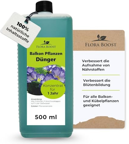 Konfitee Balkonpflanzen Dünger Flora Boost 500ml I Für bis zu 100L Gießwasser I Für alle Balkon- & Kübelpflanzen geeignet I Flüssiger Blatt- & Wurzeldünger I 100% natürlicher Pflanzendünger
