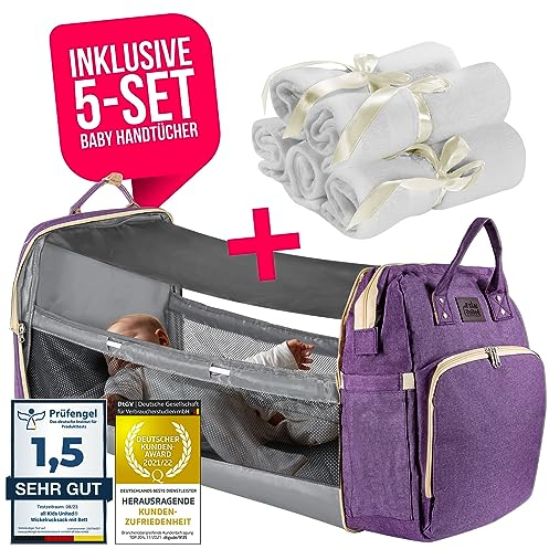 all Kids United® Baby Wickelrucksack Deluxe mit Kinderbett - Babytasche Wickeltasche Set: Baby-Rucksack, Wickelauflage, integriertem Babybett, Kinderwagen-Haken (Violett)