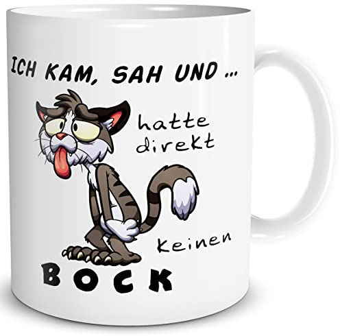 TRIOSK Tasse Katze lustig mit Spruch Ich kam sah und hatte direkt keinen Bock Geschenk für Arbeit Büro Katzenliebhaber Männer Frauen Freundin, Keramik 300ml
