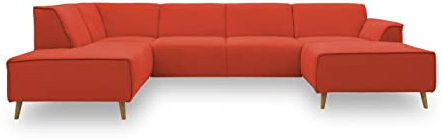DOMO. collection Wohnlandschaft Jules FK, skandinavisches Sofa mit Federkern, Couch in U-Form mit Holzfüßen, 333 x 191 x 81 cm (BxTxH), Longchair rechts, orange