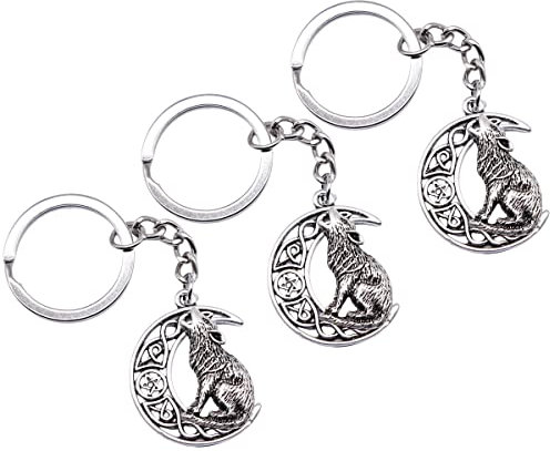 Lot de 3 porte-clés loup viking en argent antique 26 x 33 mm, Argent vieilli., 26x33mm