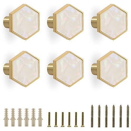 GDICONIC 25mm Hexagon Solid Brass Cabinet Drawer Door Knobs Wardrobe Cupboard Desk Handle Hardware Wall Mounted Coat Hook for Home Kitchen Decorating (6, Pearl Rainbow)