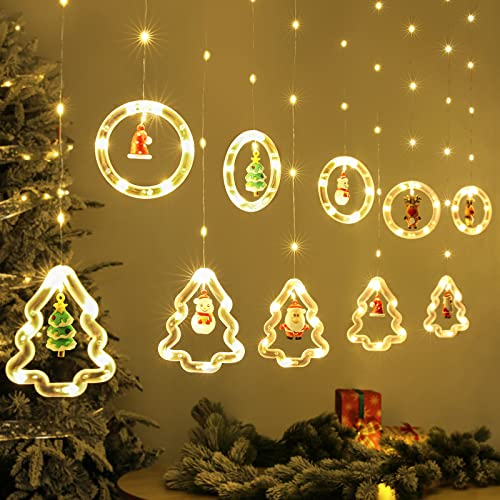BLOOMWIN Weihnachtsbeleuchtung Lichterkette Fenster Innen, Ring- und Weihnachtsbaum Lichtervorhang mit Weihnachtsschmuck, Lichterkettenvorhang fensterbeleuchtung 3m 8 Modi USB Warmweiß