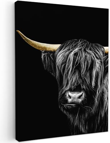 MuchoWow Leinwand Bilder, Einzigartige Wanddeko mit Rahmen, Schottischer Highlander - Horn - Gold, Wandbilder Wohnzimmer, Deko Schlafzimmer 90x120 cm