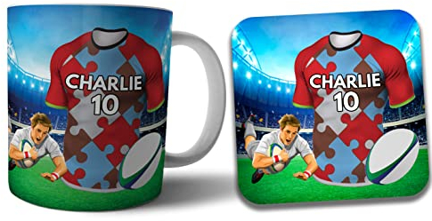 AK Giftshop Personalised Rugby Shirt Harlequins Colours Mug and Coaster Gift Set