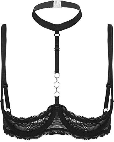 Mufeng Women's Lace Mesh Sheer Halter 1/4 Cup Bra Unlined Underwired Push Up Shelf Bra Tops Black XL