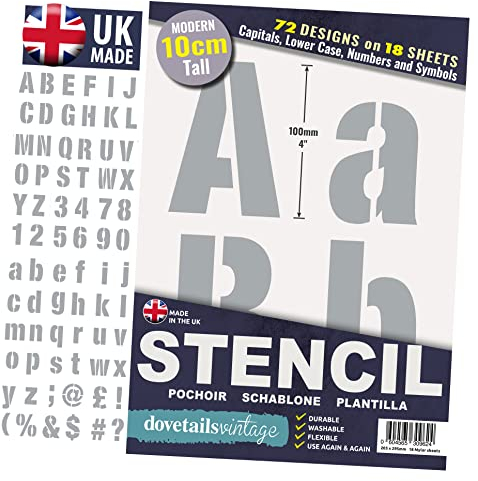 Dovetails Vintage 10 cm Tall Letter Stencil Kit - Modern Style Upper and Lower Case with Numbers and Symbols
