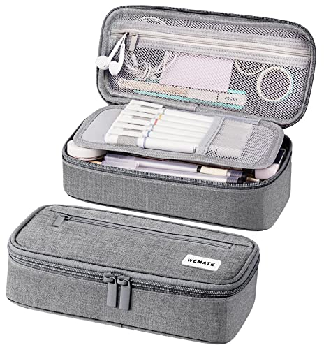 WEMATE Trousse Pliable Grande Capacité,Trousse Scolaire,Trousse à Crayons zippée en Toile,Trousse à Crayons Portable pour Le Bureau,pour Collège étudiants Fille Garçon Adolescent,Gris Clair