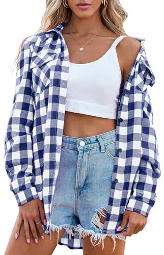 Zeagoo Femme Chemisier Chemisier Carreaux Femme en Lin Et Coton Haut Tops Tunique avec Poches Casual Vintage T-Shirts Longues Shirt ÉLégant Bleu XXL