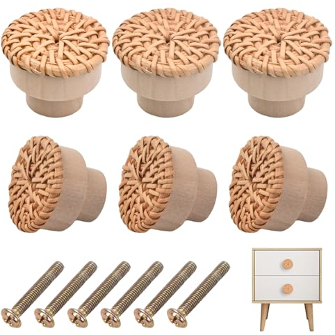6 Stück Rattan Möbelknöpfe, Schrankknöpfe Boho mit Schrauben Möbelknöpfe Holz Vintage Kommodenknöpfe aus Rattan, Schrankgriffe Holz Möbelknöpfe für Schränke Schubladen Küchen - 40 x 30mm