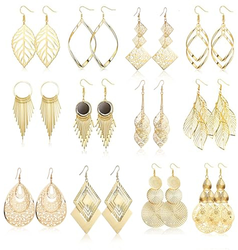 Uwiyo 12 Paar Gold Tropfen Ohrringe für Damen Mädchen, Boho Tropfen Hängende Ohrhänger Set Wasser Wassertropfen Blatt Diamant Quaste Ohrringe Schmuck für Geschenk