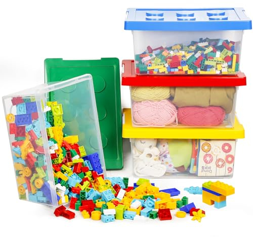 Greentainer Aufbewahrungsbox Spielzeug mit deckel, 4 Stück Stapelbar Spielzeug Box aus Kunststoff,Aufbewahrungskorb Kinder,Spielzeugkiste für Kinderzimmer Aufbewahrungsbehälter für Blöcke