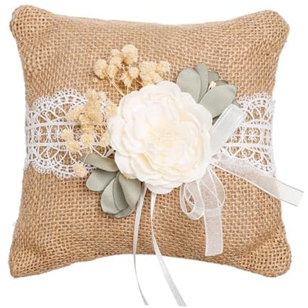 Easnea Sackleinen Ringkissen, Rustikales Ringträger Kissen, Jute Hochzeit Ringkissen Blume Ringkissen Spitze Ringkissen für Hochzeitszeremonie Party (Kissen, Beige)