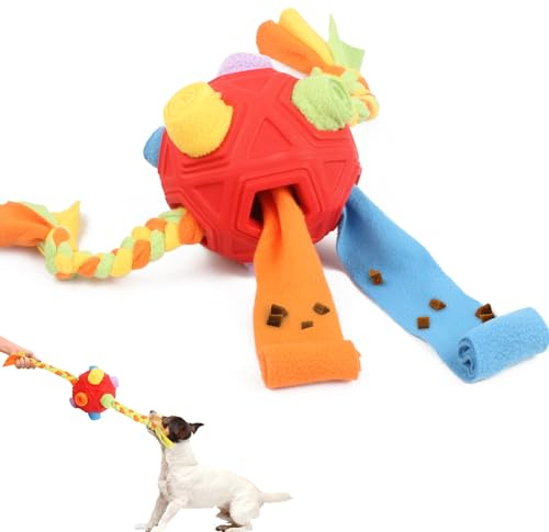 Demarzily Snuffle Ball for Dog,Dog Interactive Pet Sniffle Toy Ball with Bite Rope,Enrichment Dog Puzzle Toys Encourages Natural Foraging Skills for Small Medium Dog Training (Red)
