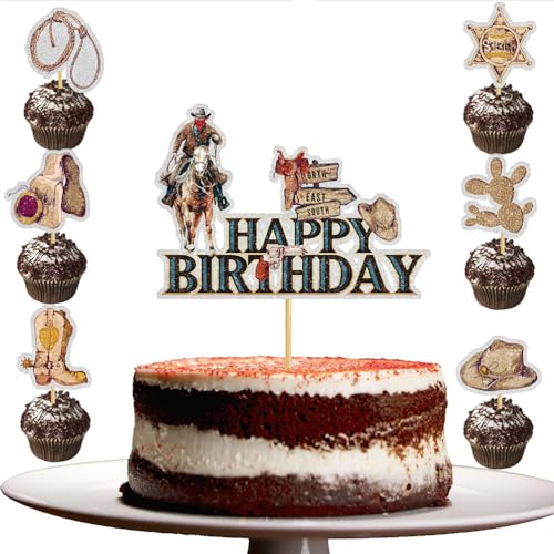 MiaLover 19Pcs Kuchen dekorieren Set Western Cowboy Themed Kuchen dekorieren 1 große Happy Birthday Cupcake und 18 Kuchen Topper für Kinder Junge Mädchen Geburtstag Party Zubehör